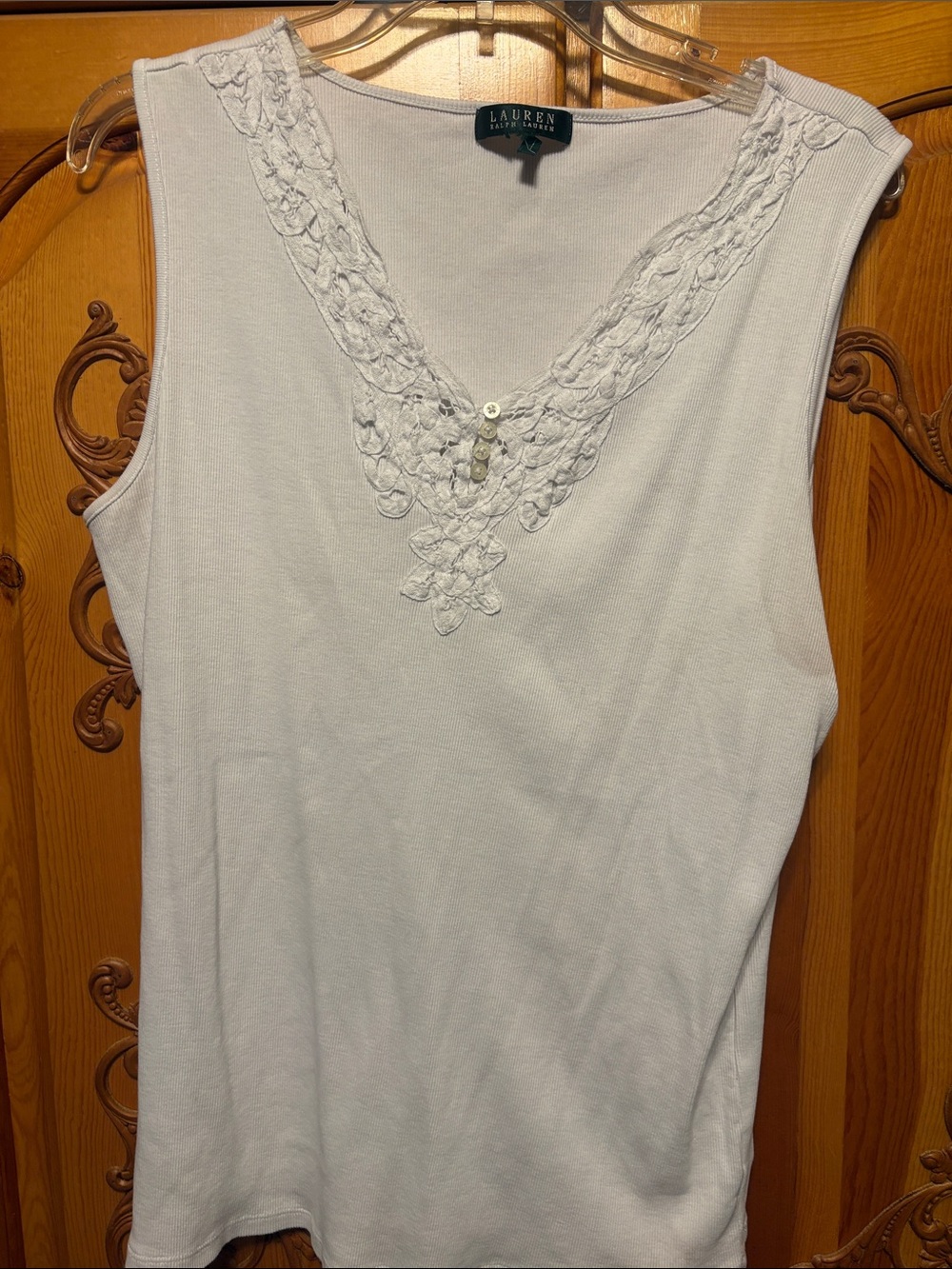 Ralph Lauren White Sleeveless Lace-Trim V-Neck Tank